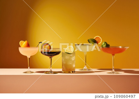 Set of various cocktails on colorful summer background 109860497