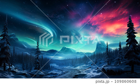 Winter road in the forest, aurora on a clear starry sky, strong magnetic storms, magical winter landscape with copy space Winter road in the forest, aurora on a clear starry sky, strong magnetic storms, magical winter landscape with copy space 109860608