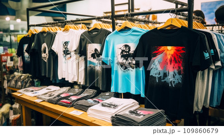 store with T-shirts with handmade prints, idea for the interior of a clothing store, personal merch in clothes store with T-shirts with handmade prints, idea for the interior of a clothing store, personal merch in clothes 109860679