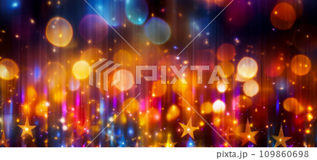Falling multi-colored stars, blurred background with bright colors of shiny and glowing stripes of light garlands and lights idea for a New Year card or Christmas banner Falling multi-colored stars, blurred background with bright colors of shiny and glowing stripes of light garlands and lights idea for a New Year card or Christmas banner 109860698