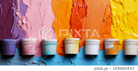 Bright multicolored bright paint splashed from cans on a background, choosing paints before working on painting surfaces, product advertising banner or background for a concept 109860842