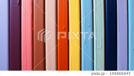 Multi-colored bright paint on sample boards, choice of paints before working on painting surfaces, product advertising banner or background for a concept 109860845