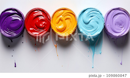 Samples with multi-colored paints in jars on a white table, choice of paints before working on painting surfaces, product advertising banner Samples with multi-colored paints in jars on a white table, choice of paints before working on painting surfaces, product advertising banner 109860847