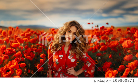 Portrait of an adult woman against the background of blooming red poppies, concept poster for International Women's Day and all lovers 109860871