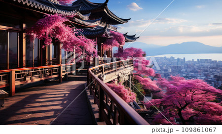 Blooming sakura in the courtyard of the old temple above the city, magnificent scenery, time for hanami and enjoying nature. Concept for congratulations on Valentine's Day, free space for concept 109861067