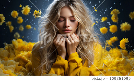 A young woman with her eyes closed against a background of flying flowers, the concept of advertising antihistamine medications for a full life during the period of allergies, health care A young woman with her eyes closed against a background of flying flowers, the concept of advertising antihistamine medications for a full life during the period of allergies, health care 109861099