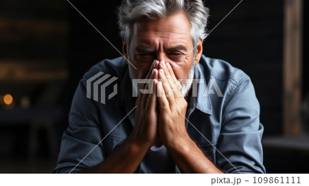 Sad adult gray-haired man holds his hands on his nose, attack of allergy or rhinitis, unexpected attack of pain, concept of health care and life insurance 109861111