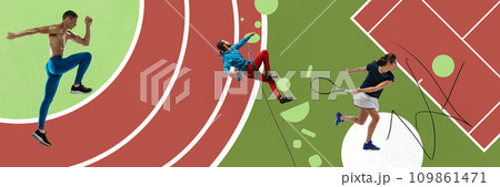 Competitive young people, runner, tennis player, man practicing bouldering. Contemporary art collage. Sport, competition 109861471