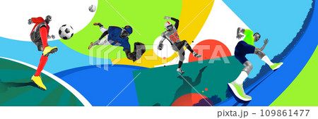 Competitive athletes, men in motion, practicing football, baseball, running over colorful background. Contemporary art collage. Sport, competition 109861477