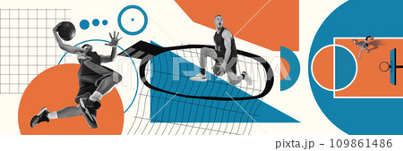 Competitive, muscular, athletic young men, basketball players in motion, training over colorful background. Contemporary art collage. Sport, competition Competitive, muscular, athletic young men, basketball players in motion, training over colorful background. Contemporary art collage. Sport, competition 109861486