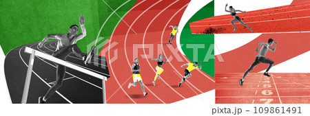 Competitive young men and women, athletes in motion, running on stadium. Runner training. Contemporary art collage. Sport, competition Competitive young men and women, athletes in motion, running on stadium. Runner training. Contemporary art collage. Sport, competition 109861491
