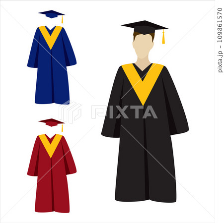 Man in graduation ceremonial clothing. Set of graduate hats, academic squares or student caps and mantles in different colors. Vector isolated on white Man in graduation ceremonial clothing. Set of graduate hats, academic squares or student caps and mantles in different colors. Vector isolated on white 109861570