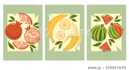 Set of abstract posters with fruit composition. Pomegranate, banana, watermelon. Summer modern vector illustration for banner, card, fruit shop, cover, a4 format 109861630