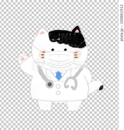 Hand-drawn illustration of a doctor cat wearing a mask 109861912