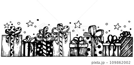 vintage engraving, border with cute Christmas gifts. birthday, party 109862002