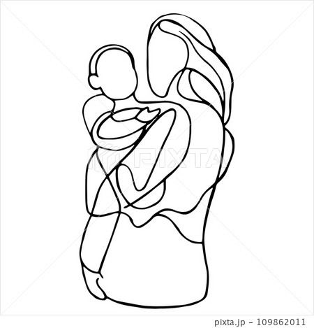 abstract linear drawing of a woman holding a child in her arms. motherhood theme, outline vector illustration 109862011