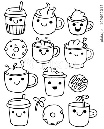 set of cute cups with coffee, vector drawing in doodle style, kawaii. 109862015