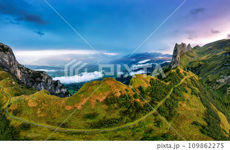 Majestic landscape of rocky mountain ridge of Saxer Lucke in autumn at Switzerland 109862275