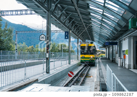 Train is coming on railway to station in Switzerland Train is coming on railway to station in Switzerland 109862287