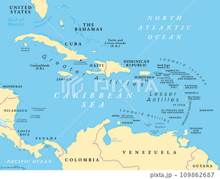 The Caribbean Sea and its islands, political map. The Caribbean, a subregion of the Americas, with the West Indies, compromising independent island countries and dependencies in three archipelagos. The Caribbean Sea and its islands, political map. The Caribbean, a subregion of the Americas, with the West Indies, compromising independent island countries and dependencies in three archipelagos. 109862687