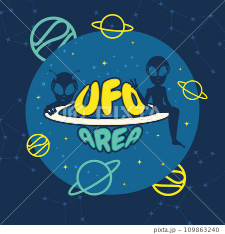 Cute cartoon alien UFO sticker Vector Cute cartoon alien UFO sticker Vector 109863240