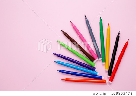 Set of multicolored felt-tip pens on pink background. Back to school. Flat lay. Copy space 109863472