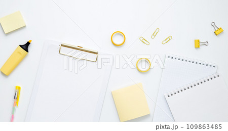 Mockup notebooks and set of stationery for work and study on white background. Back to school. Top view, flat lay, copy space Mockup notebooks and set of stationery for work and study on white background. Back to school. Top view, flat lay, copy space 109863485