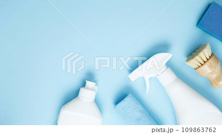 Various accessories cleaning products, sprays, rags, sponges and brushes. Top view, flat lay, copy space Various accessories cleaning products, sprays, rags, sponges and brushes. Top view, flat lay, copy space 109863762