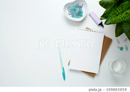 Creative flat lay mockup design of workspace. Top view composition with white notebook, succulents and stationery on white background Creative flat lay mockup design of workspace. Top view composition with white notebook, succulents and stationery on white background 109863859