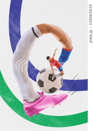 Contemporary art collage. Young professional soccer player, sportsman kicking ball his long leg . Trendy magazine style. Championship 2024. 109863939