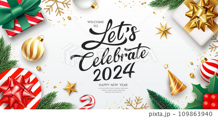 2024 Let's celebrate Happy new year ornaments, greeting card banner design isolated on white 2024 Let's celebrate Happy new year ornaments, greeting card banner design isolated on white 109863940