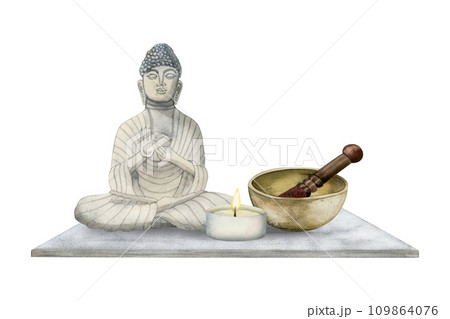 Meditating Buddha with bronze singing bowl and burning candle watercolor illustration on white background. Sound holistic healing, sound bath therapy for relaxation and spa procedures Meditating Buddha with bronze singing bowl and burning candle watercolor illustration on white background. Sound holistic healing, sound bath therapy for relaxation and spa procedures 109864076