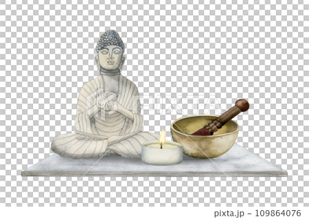 Meditating Buddha with bronze singing bowl and burning candle watercolor illustration on white background. Sound holistic healing, sound bath therapy for relaxation and spa procedures 109864076