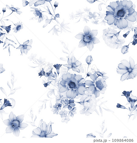 Seamless pattern with wild flowers in indigo tones Seamless pattern with wild flowers in indigo tones 109864086