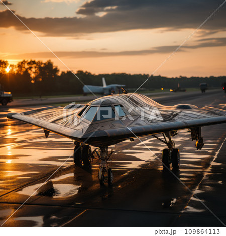 AI-generated content. Airplane wing drone on the runway against the backdrop of sunset 109864113