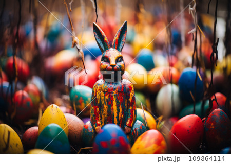 AI-generated content. Easter bunny figurine around colorful eggs 109864114