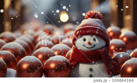 AI-generated content. Smiling snowman in a hat and scarf next to red glass balls 109864164