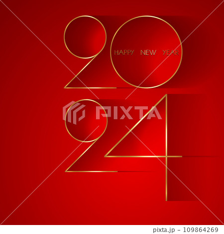 Happy new year 2024 luxury golden thin numerals and shiny design on red background. Happy Holyday number, Gold foil logo, greeting card. Vector Premium symbol isolated, copy space for text Happy new year 2024 luxury golden thin numerals and shiny design on red background. Happy Holyday number, Gold foil logo, greeting card. Vector Premium symbol isolated, copy space for text 109864269