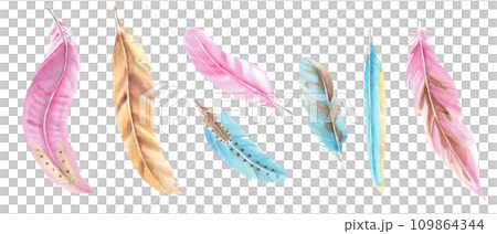 Set of blue, pink and brown feathers isolated on white background. Watercolor hand drawn illustration. For decoration, cards and textile prints. 109864344