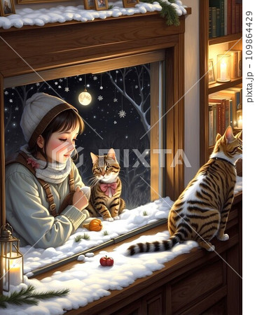 雪の降る夜 窓辺の女性と猫のイラスト素材 [109864429] - PIXTA