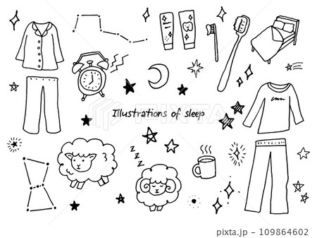 ペンで描いた睡眠関係のイラスト落書きセット ペンで描いた睡眠関係のイラスト落書きセット 109864602