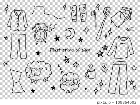 ペンで描いた睡眠関係のイラスト落書きセット ペンで描いた睡眠関係のイラスト落書きセット 109864602