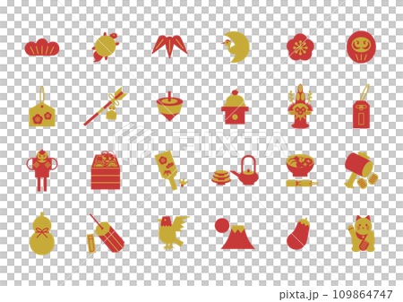 新年幸運符圖示插圖集（金色和紅色） 109864747