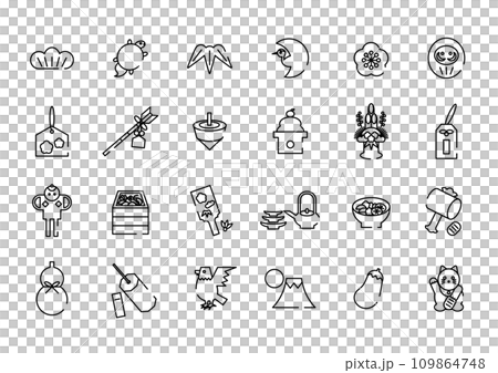 新年幸運符圖示插圖集（黑線） 109864748