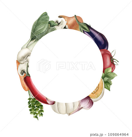Wreath of vegetables: pumpkin, eggplant, tomato, pepper, Bok Choy. mushrooms, carrot, garlic, basil. Watercolor illustration hand painted isolated on white background. Wreath of vegetables: pumpkin, eggplant, tomato, pepper, Bok Choy. mushrooms, carrot, garlic, basil. Watercolor illustration hand painted isolated on white background. 109864964