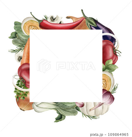 Frame with vegetables: pumpkin, eggplant, tomato, pepper, Bok Choy. mushrooms, carrot, garlic, basil. Watercolor illustration hand painted isolated on white background. 109864965