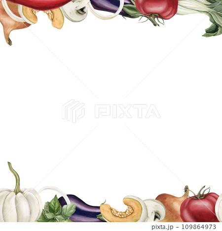 Frame with vegetables: pumpkin, eggplant, tomato, pepper, Bok Choy. mushrooms, basil. Watercolor illustration hand painted isolated on white background. 109864973
