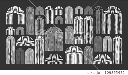 Mid century arch elements, modern geometric shapes. Contemporary design, minimalist art. Hand drawn lines. Trendy design elements for wall decor, posters, books and covers. Vector illustration 109865422
