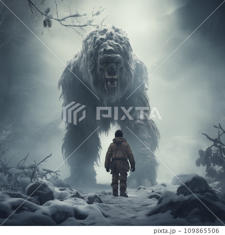 Bigfoot Yeti walking with human in the snow Bigfoot Yeti walking with human in the snow 109865506