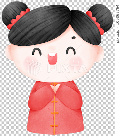 Cute cartoon Chinese kids greeting, Happy Chinese New Year, watercolor illustration 109865764